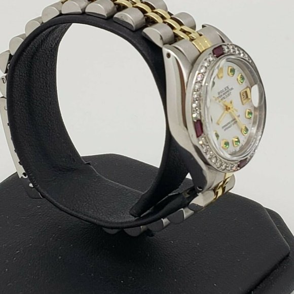 Rolex Ladies Datejust Oyster Gold Steel Diamond Dial Bezel Emeralds Ruby